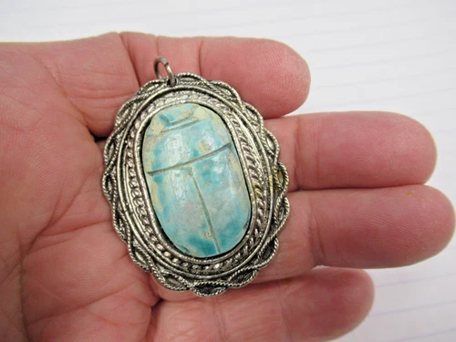 Vintage Made in Egypt Egyptian Faience Big Scarab Costume Jewelry Pendant