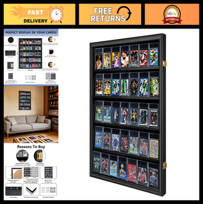 Lockable Baseball Card Display Case - Wall Mount, UV Protection, Premium Wood Fr