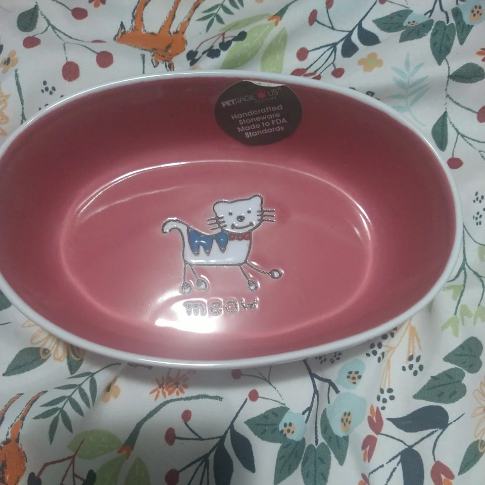 Plato de agua de cerámica para comida PetRageous Designs SILLY KITTY ovalado ROSA Foto 2 de 4