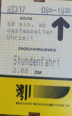 Dresdener Verkehrsbetriebe Fahrschein aus D- Mark Zeiten '' Stundenfahrt ''