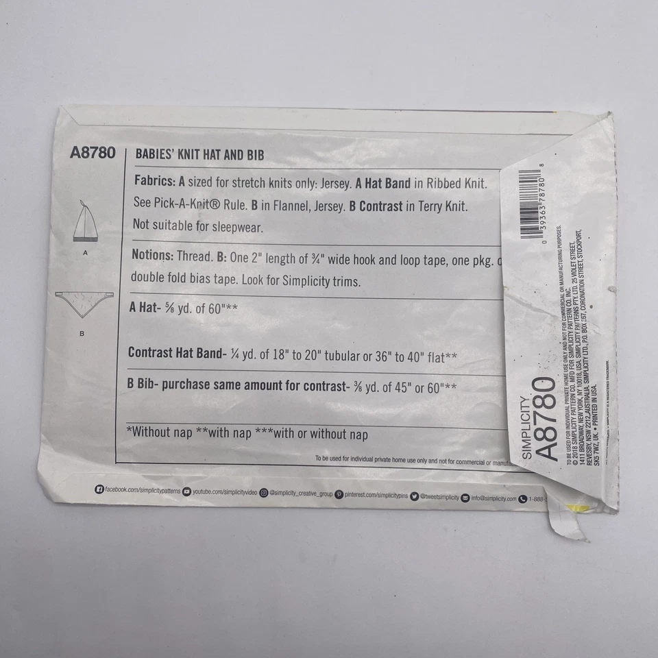Simplicity Sewing Pattern A8780 Babies Hat Bib Uncut - Image 2 of 4