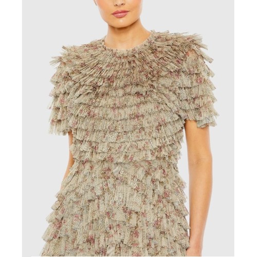 Mac Duggal Beige Ruffle Tiered Short Sleeve A Line Gown 8017 Size 12 - Picture 2 of 5