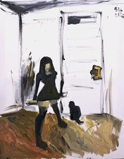 Gothic Girl And Cat Interior Surrealist Oil On Canvas 22”x28” Original Signed