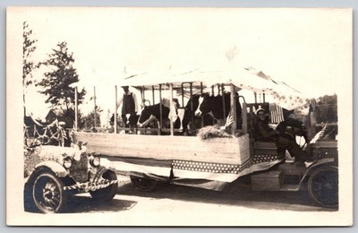 Vintage Black & White Postcard of Patriotic Parade Float with Cows AA101