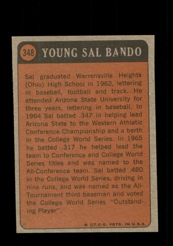 1972 Topps #348 Sal Bando Boyhood Oakland Athletics NM - Picture 2 of 2