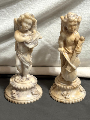 Vintage 6'' cast alabaster marble WINGED CHERUB HARP Musician Italy UNMARKED