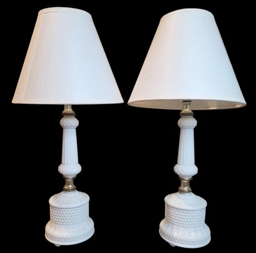 Pair Vintage Fenton Milk Art Glass Hobnail Table Lamps Mid Century Boudoir Lamps