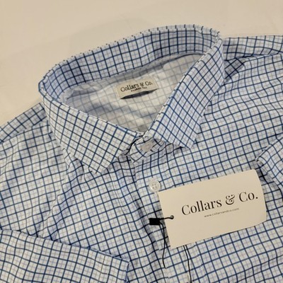 Collars & Co. Checkered Dress Mens XLT NWT Blue Stiff Collar Stretch Lightweight