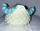 Vintage Fenton Like Turquoise Blue Hobnail Ruffled Bowl Vase Milk Glass Rare HTF