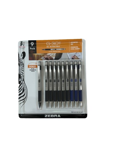 NEW Zebra G-301 Retractable Gel Pen, 0.7mm, Assorted, 9 ct + Bonus M-301 Pencil - Picture 2 of 3