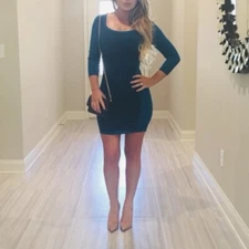 Guess Knit Ruched Sheath Sweater Dress Sz XL Guess Logo 3/4Sleeves Scoop Neck