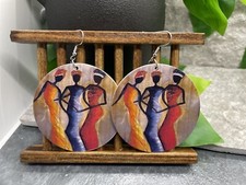 2  Silver-tone Earring Set Boho Retro Round Wood Dangle Juneteenth African A1832