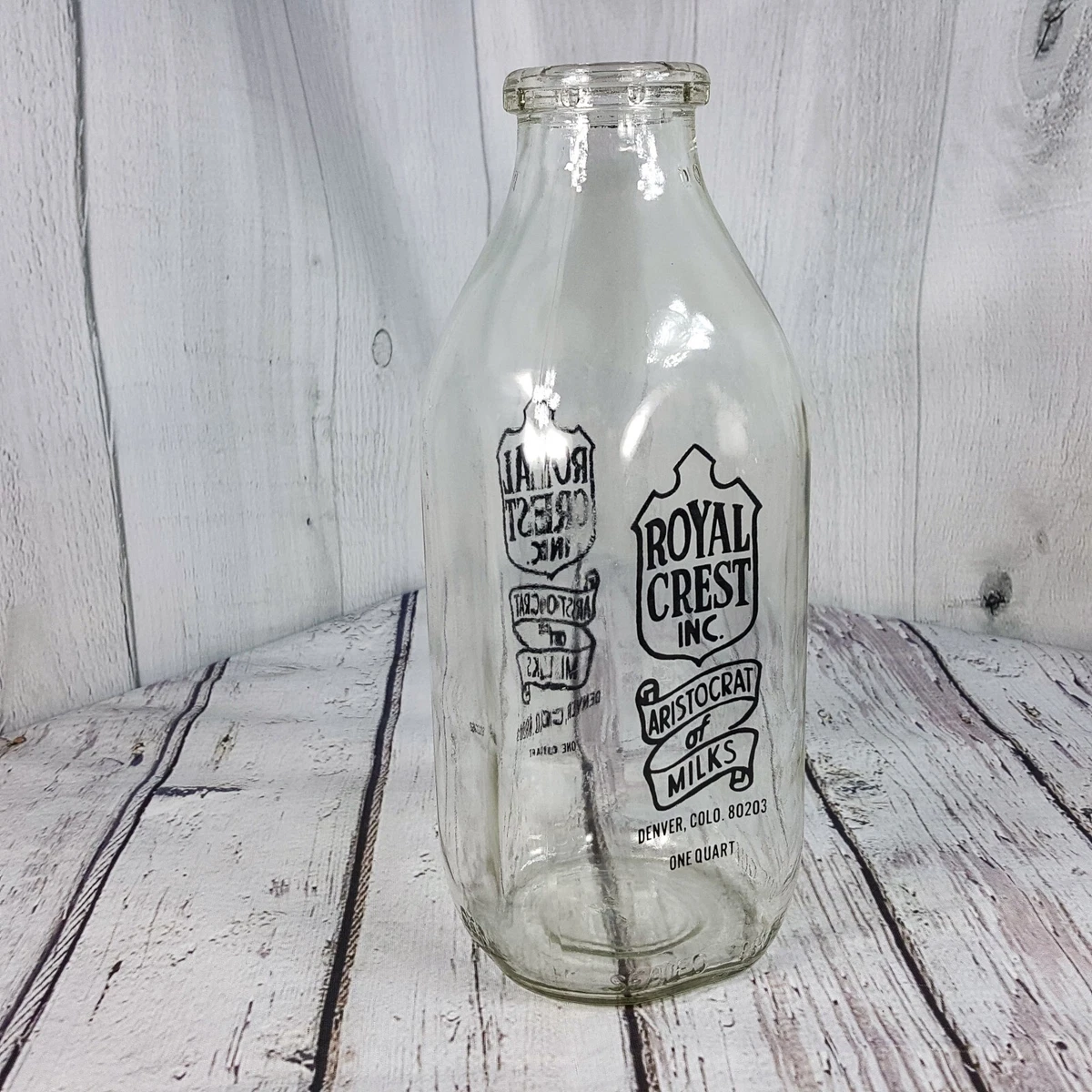 Royal Crest Dairy One Quart Glass Milk Bottle Red Graphics 2 Sides  Aristocrat | eBay