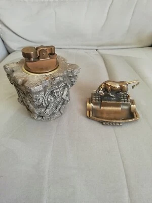BRIQUET ANCIEN EN PIERRE ET LAITON AVEC CENDRIER FONTE BRONZÉE - Photo 1/4