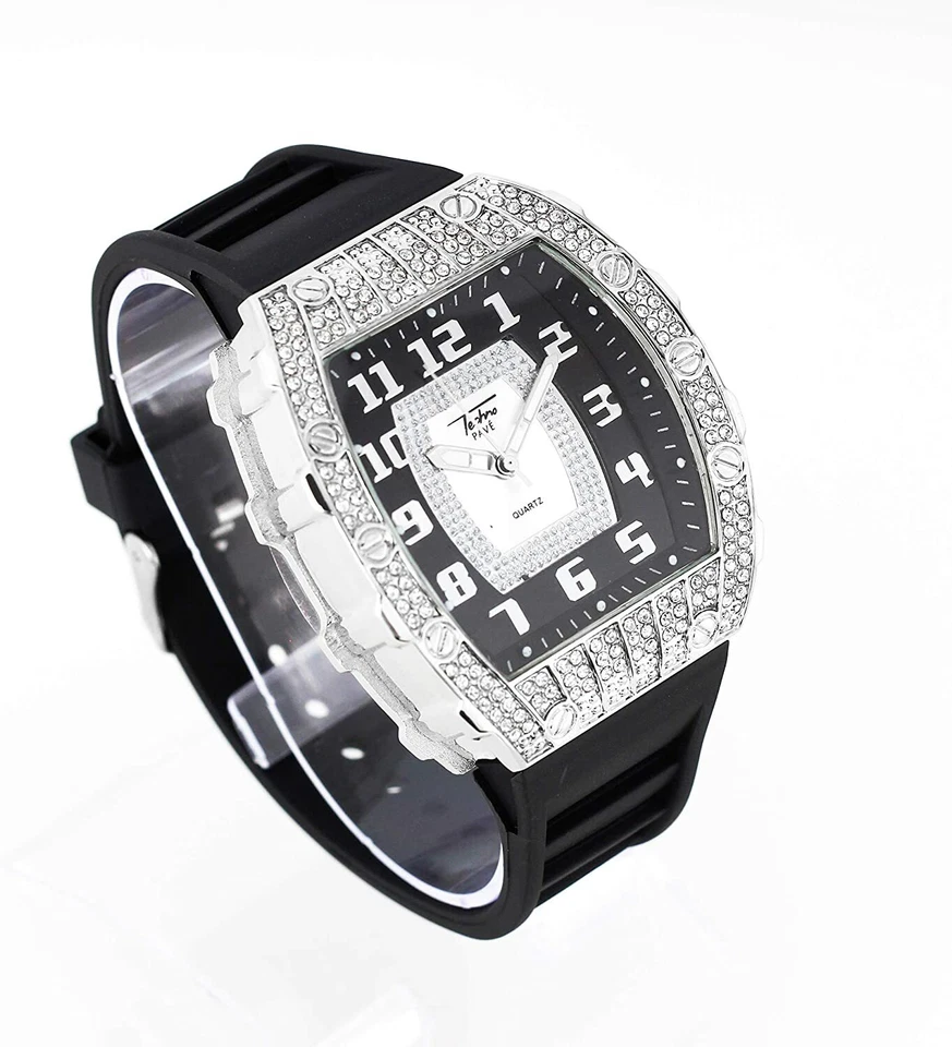 Reloj Hombre Helado Bling Rapero Plateado Simular Laboratorio Diamante Goma Lujo Rectángulo Foto 3 de 4