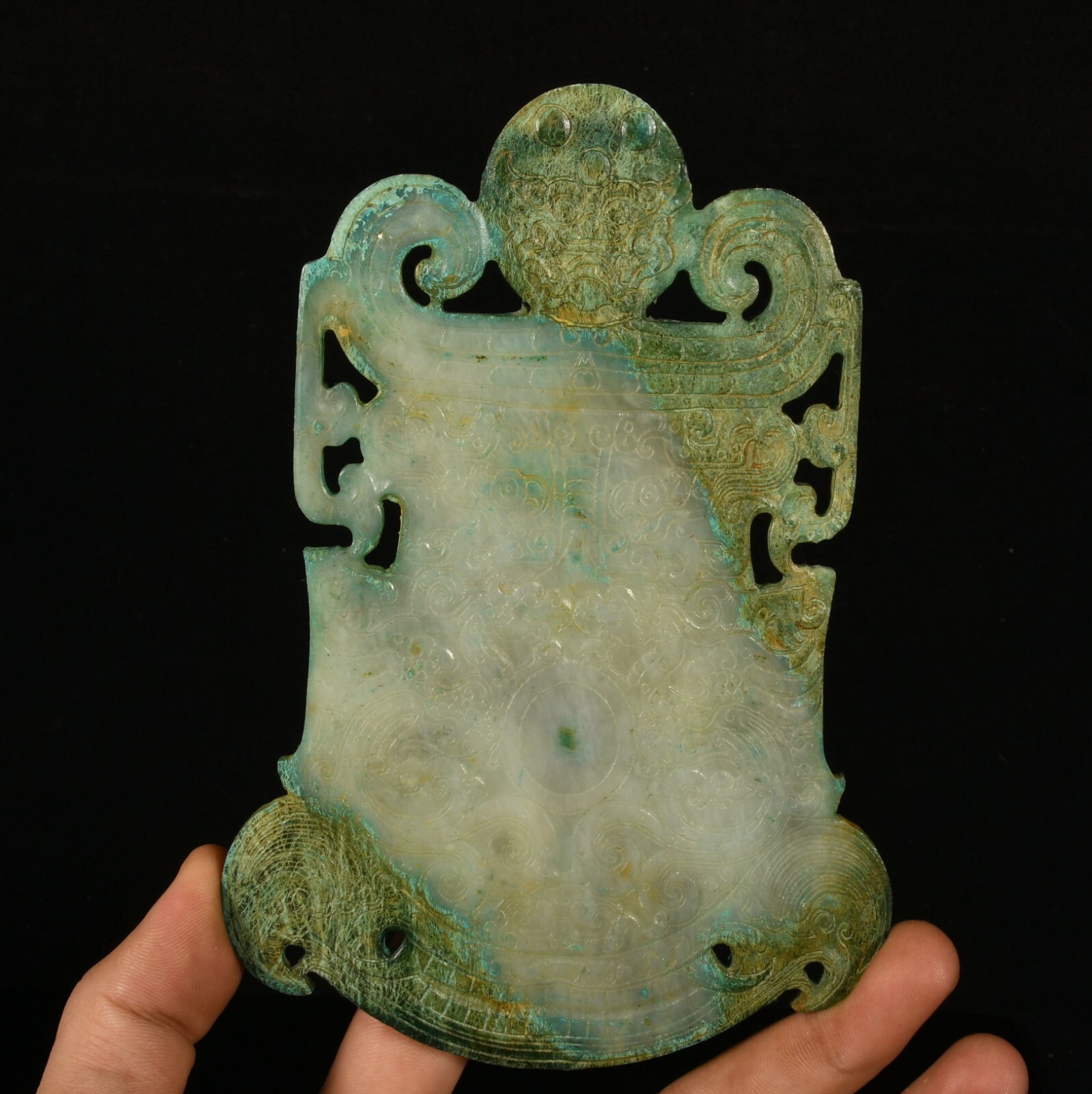 16CM China Hetian Jade Carved Fengshui Dragon Beast Face Pattern Axe Statue