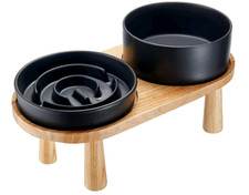 Ceramic Slow Feeder  Water Bowl Set for Dogs, Elevated with Wooden Stand