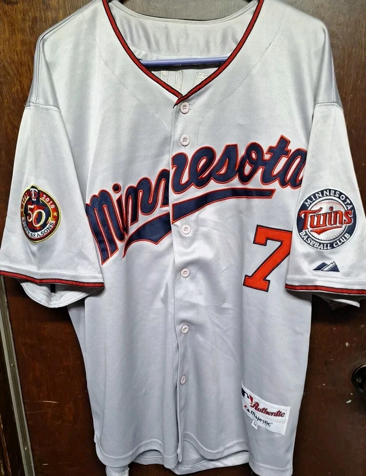 Camiseta deportiva auténtica Majestic Minnesota Twins Joe Mauer #7, talla 54, parches de doble brazo, Foto 2 de 4