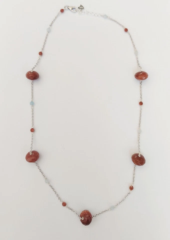 collana in argento 925 con pietra di luna e acquamarina sfaccettata lunga 45 cm  - Immagine 2 di 4