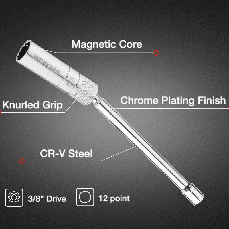 WORKPRO 5/8" Magnetic Swivel Spark Plug Socket 3/8" Drive x 8" 360° Swivel 12 PT - Image 4 of 4