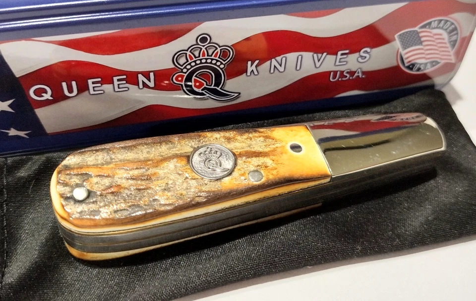 Faca de bolso dobrável Queen USA cabo de osso de veado real 2 lâminas Barlow QGSH281 EDC - Imagem 4 de 4