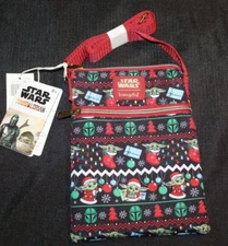 New Loungefly Star Wars Grogu Baby Yoda Fair Isle Holiday Passport Crossbody Bag