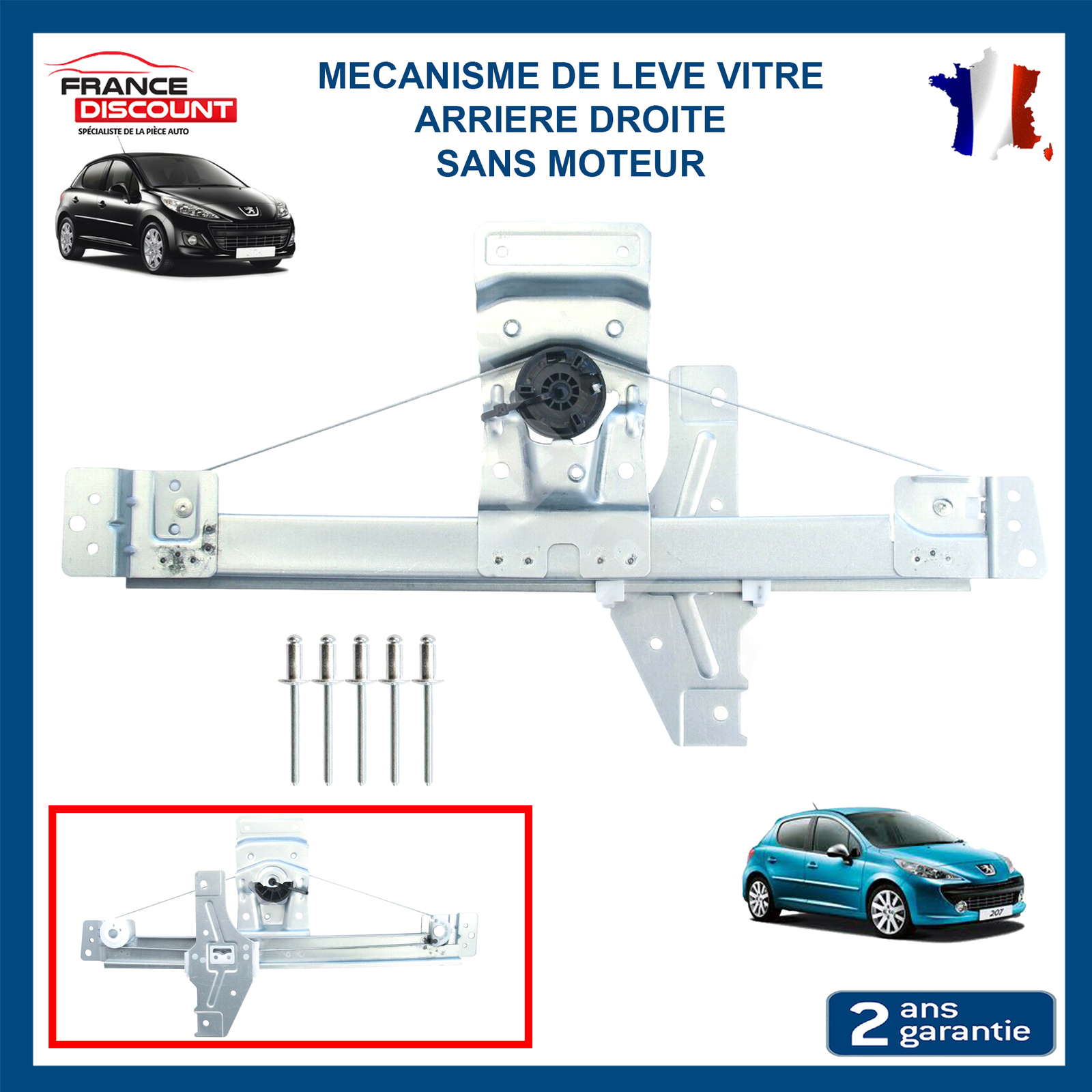 Lève-vitre arrière droit pour Peugeot 207 3 et 5 portes avec fixations OEM 9224A8