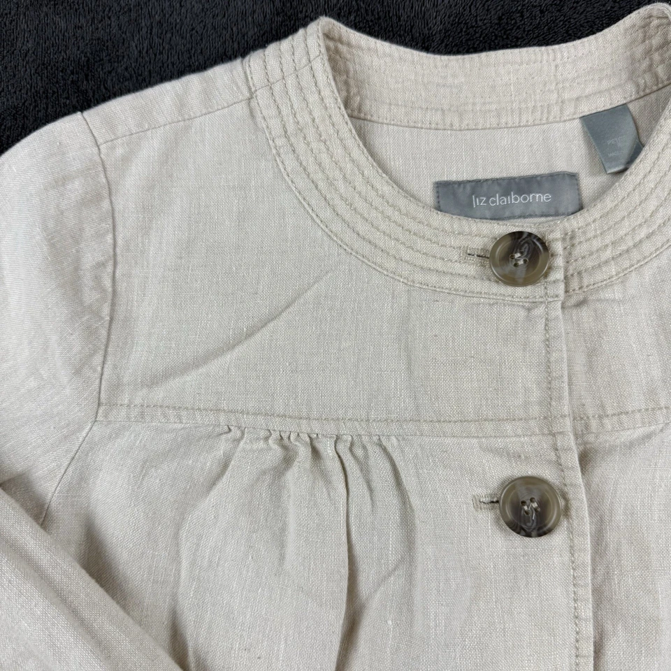 Chaqueta Liz Claiborne Mujer Pequeña Lino Marfil Recortada Botón Frontal Cottagecore Foto 2 de 4
