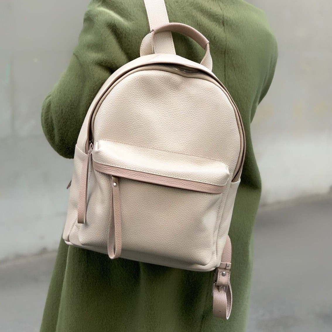 Mochila para mujer GENUINA de cuero granulado marfil beige bolso hecho a mano