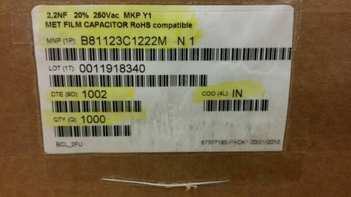 (50 PCS) B81123C1222M EPCOS 2200pF Film Capacitor 500V Polypropylene (PP) Radial - Picture 2 of 4
