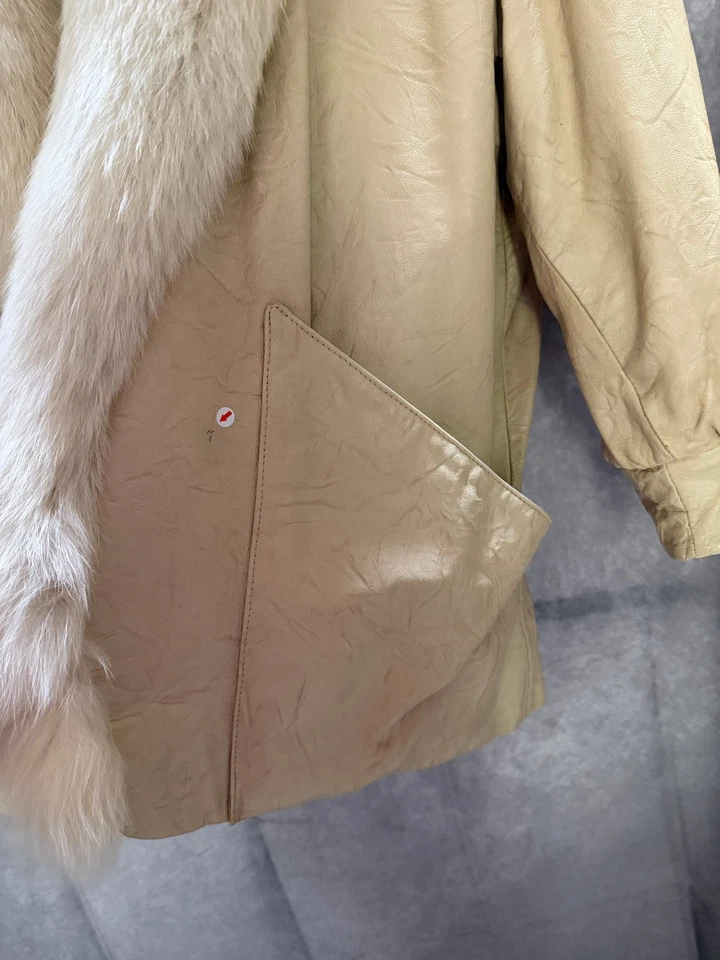 Abrigo de cuero tostado M para mujer J. Percy for Marvin Richards cuello de piel de zorro real Foto 4 de 4