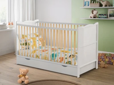 B4BEDS White Baby Cot Bed for Newborn 120x60cm or 140x70cm & Storage Drawer & Mattress