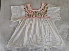 Mexican Blouse Puebla Hand Embroidered Floral White Size L Handmade