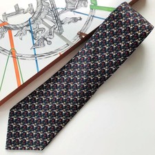 HERMES Tie Animal Pattern Dark Blue