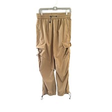 Mens 29 Khaki Polyester Cargo Parachute Pants Elastic Waist Toggle Streetwear