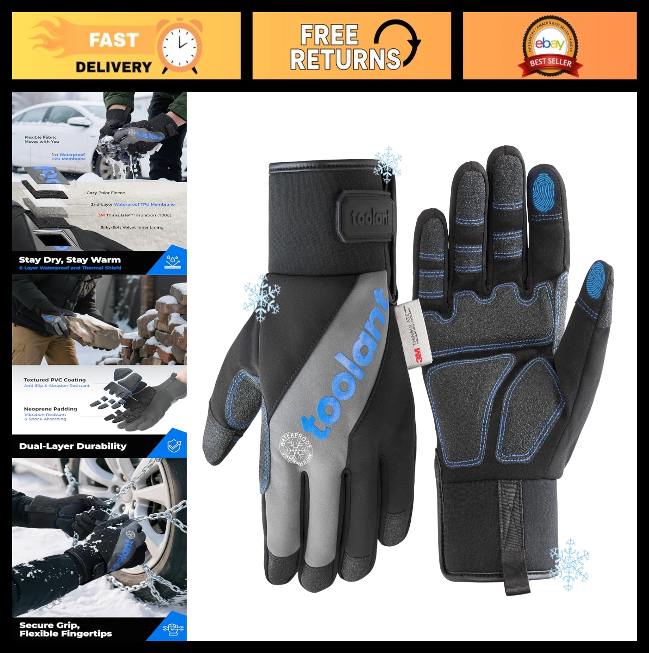 Insulated Waterproof Winter Work Gloves for Men - Cold Weather, Reinforced Palm,