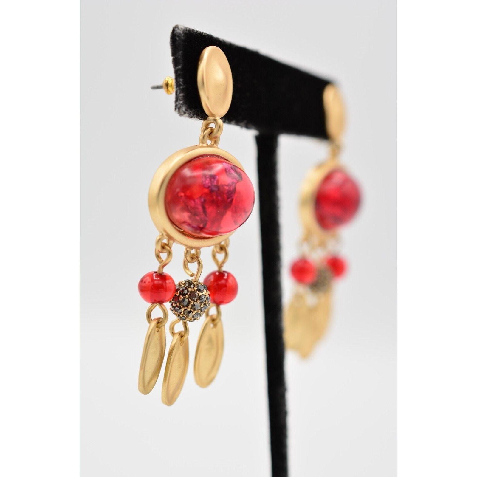 Statement Cabochon Dangle Earrings Red Lucite Bru… - image 4