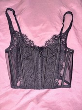 Black Lace Mesh Corset Top Boned Sheer Adjustable Straps Hook  Eye Back Closure