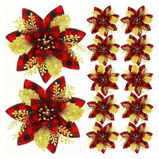 12 PCS Christmas Glitter Artificial Poinsettia Red Flowers Tree Decoration