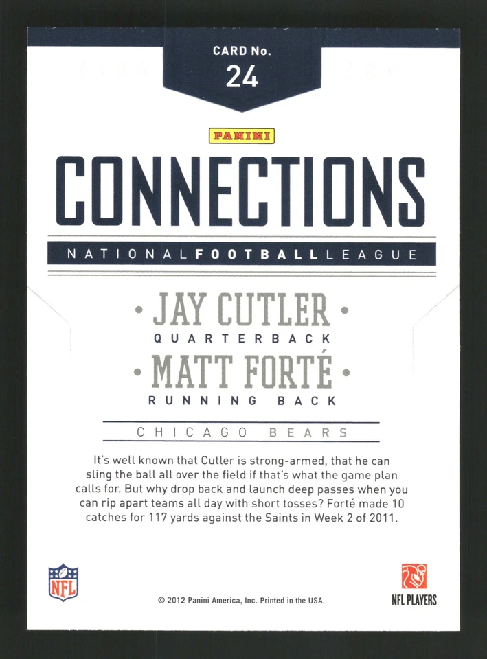 Jay Cutler / Matt Forte 2012 Panini Prestige #24 Connections Chicago Bears - Image 2 of 2