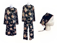 Vtg Four-Piece Outfit Set Women Top Skirt Pants Head-Scarf Black Floral 60s/70s