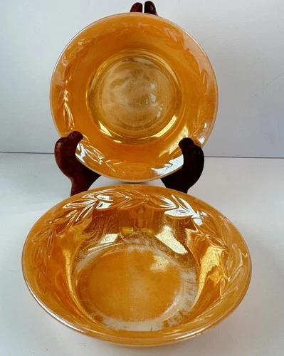Anchor Hocking Fire King Peach Luster Laurel Bowls Pair 1950s 4.75in