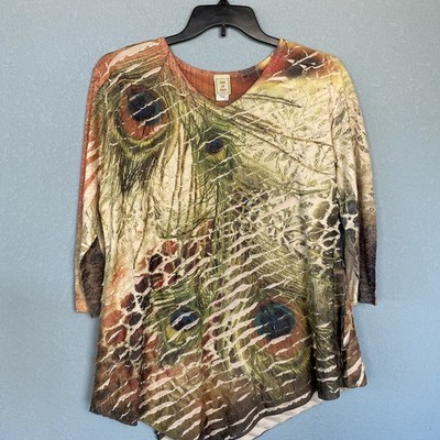 Jess & Jane Top Womens XL Peacock Giraffe Print USA Made Artsy Stretch Shirt