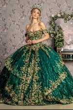 Emerald Green Off Shoulder Tulle Ballgown Sequins Embroidered Lace Up Floral