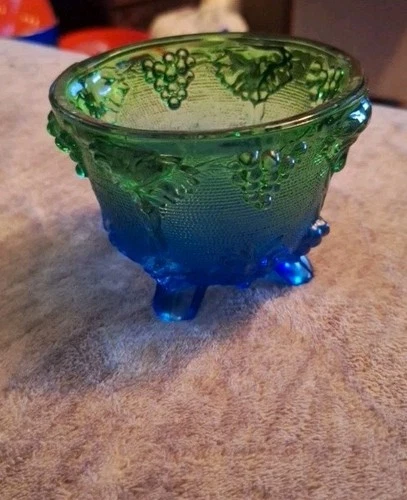 Vintage 1960s Jeanette Blue and Green Glass Footed Bowl Harvest Grape