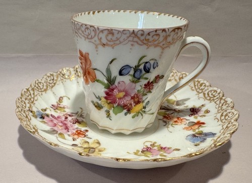 Antique Fluted Dresden Porcelain Demitasse Tea Cup & Saucer with Gilded Edge - Picture 1 of 14