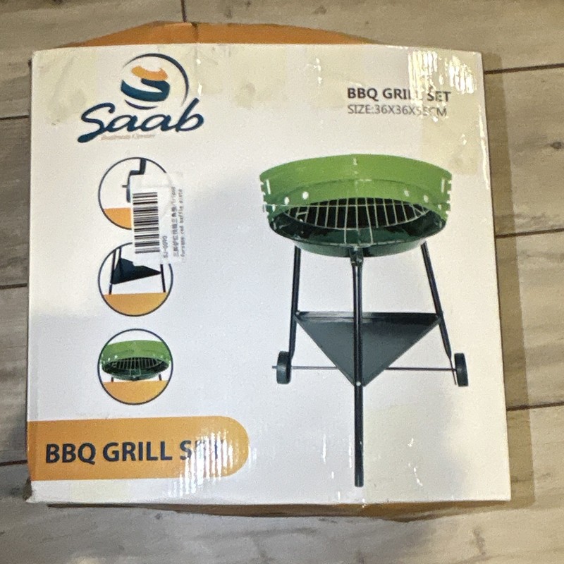 Saab Portable Charcoal BBQ Grill Set w/ Wheels, Freestanding Green/Black (A1)