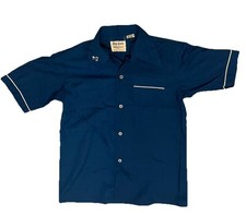 VTG 70s King Louie Bowling Shirt Kids Dagger Collar Blue Brunswick Award Patches