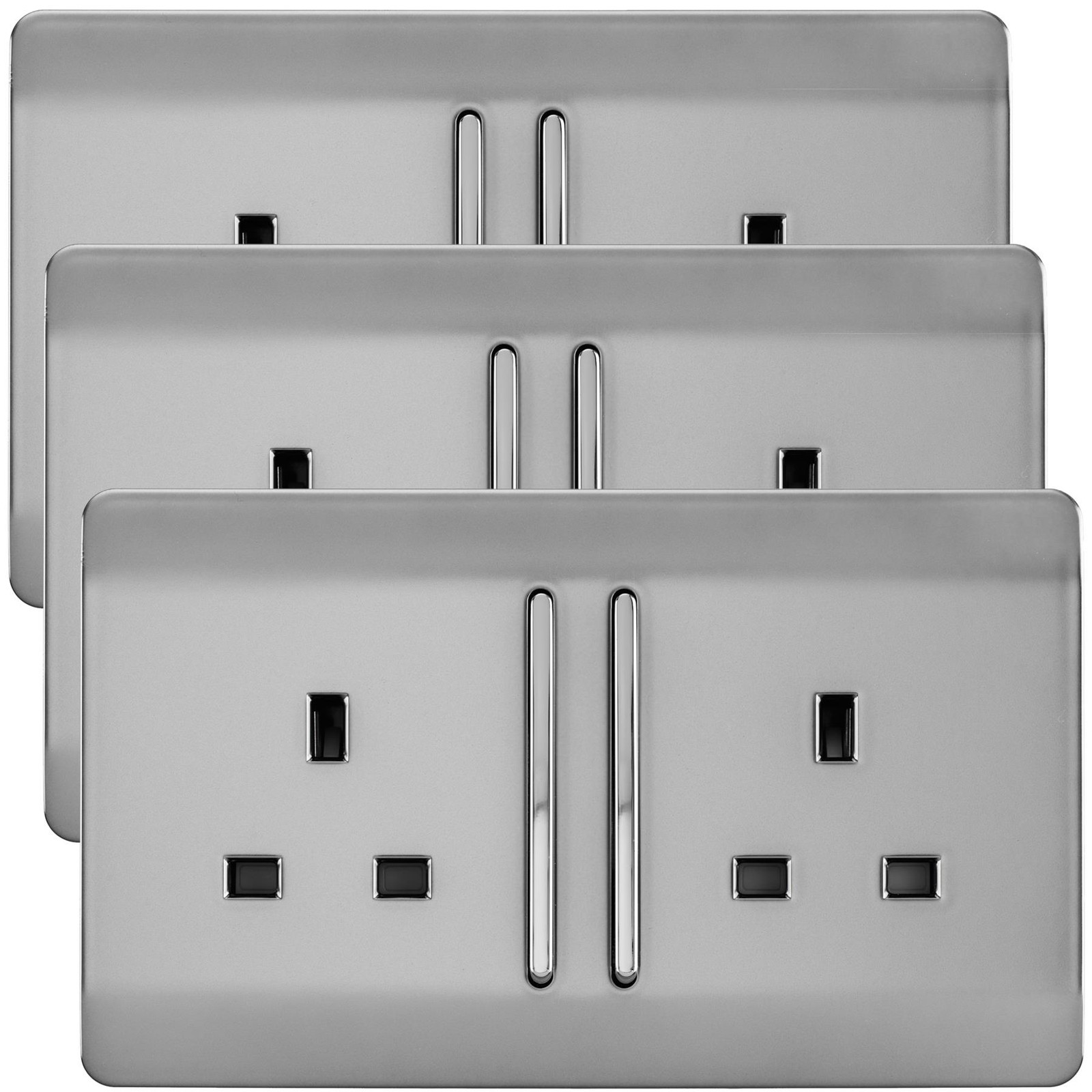 Trendi Switch 2 Gang 13amp Brushed Steel Plug Socket - Screwless Plate - Pack of 3 - Image 2