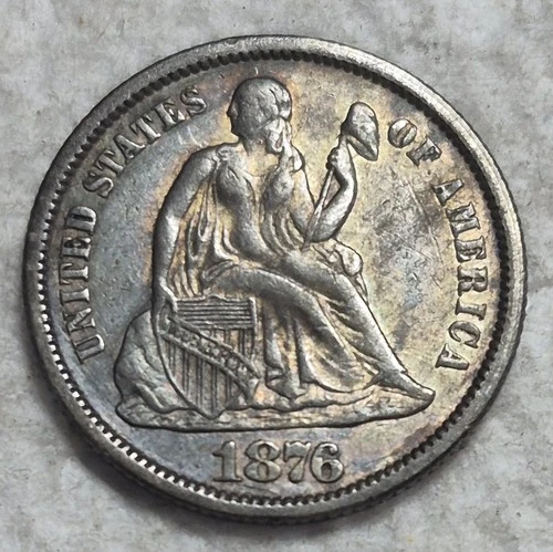 1876 CC Seated Liberty Dime. Estimated Extra Fine 45+. Dark Rainbow Toned. A0275